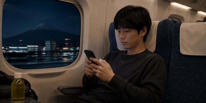 夜の新幹線でスマホ操作