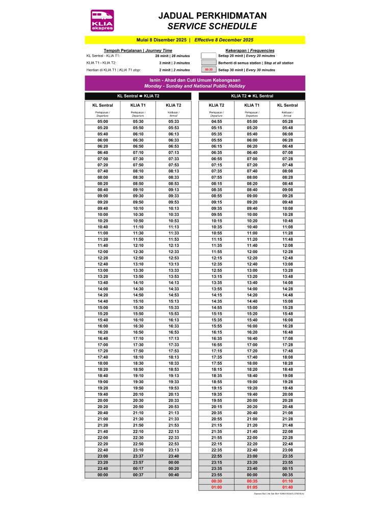 KLIA Ekspres Schedule