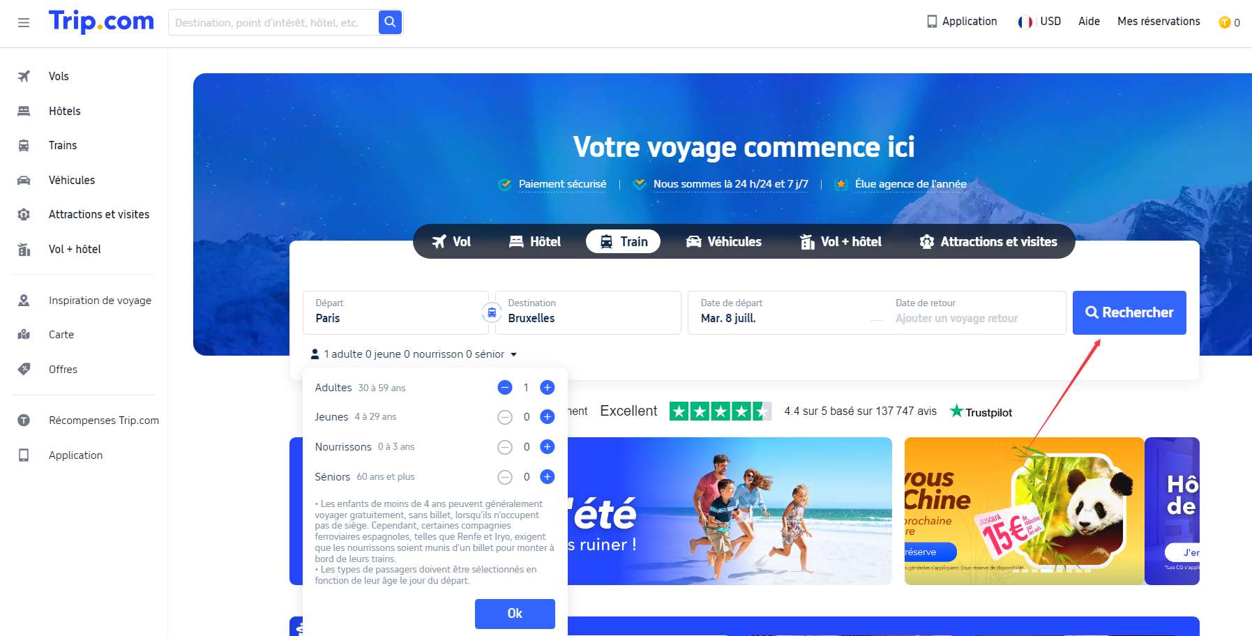 Entrez les informations de voyage et recherchez
