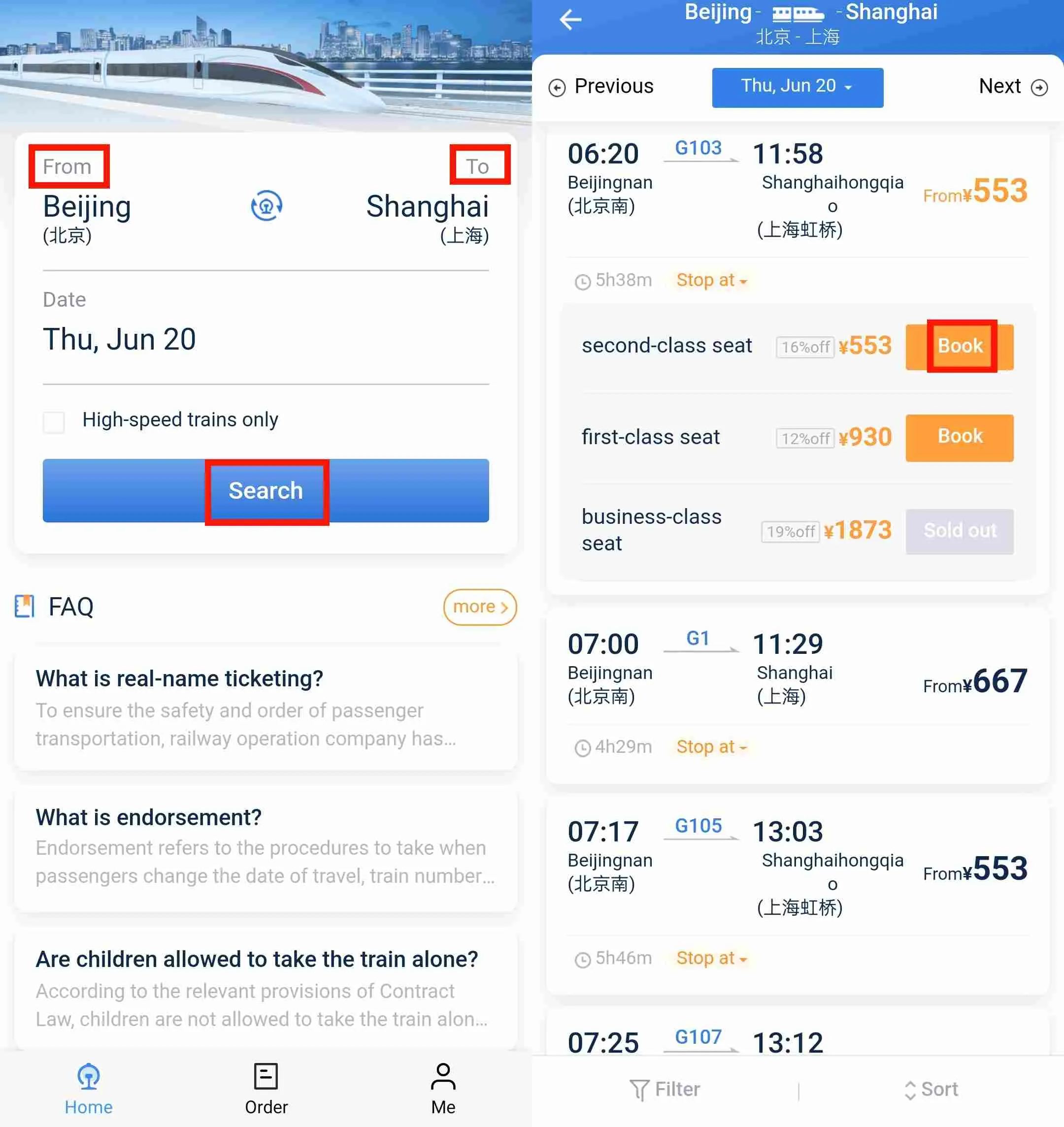 Chọn tàu & chỗ ngồi app đặt vé tàu Trung Quốc