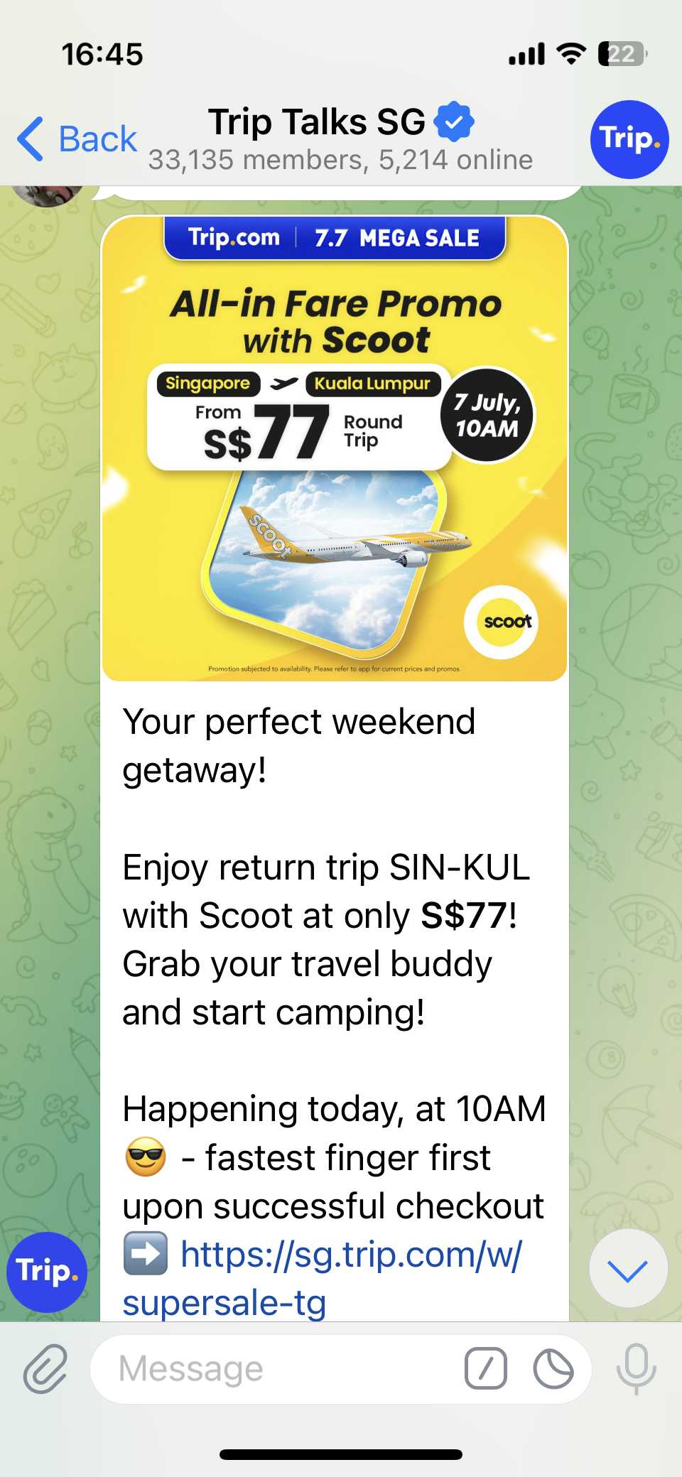 Scoot flight promo message in trip talks SG telegram group