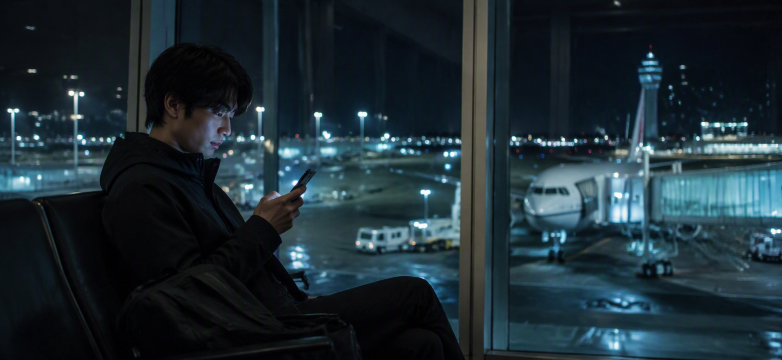 深夜空港でスマホ操作