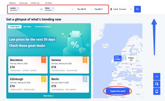 Switch to 'Map View' to see prices displayed across destinations