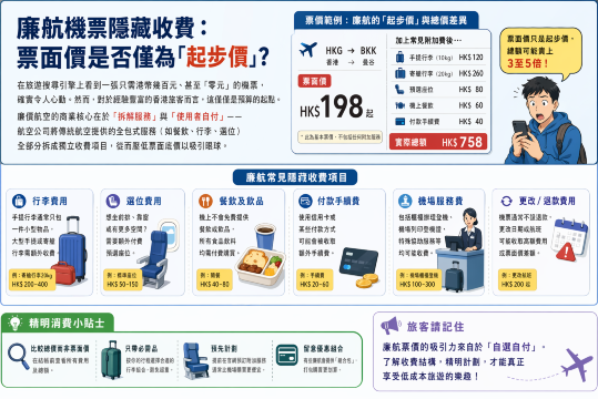廉航機票隱藏收費:票面價是否僅為「起步價」?
在旅遊搜尋引擎上看到一張只需港幣幾百元、甚至「零元」的機票,確實令人心動。然而,對於經驗豐富的香港旅客而言,這僅僅是預算的起點。廉價航空的商業核心在於「拆解服務」與「使用者自付」——航空公司將傳統航空提供的全包式服務(如餐飲、行李、選位)全部分拆成獨立收費項目,從而壓低票面底價以吸引眼球。