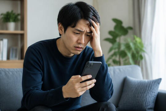 スマホを持つ不安な男性