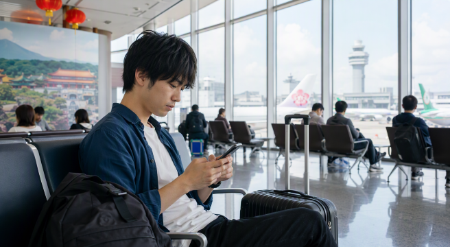 台湾空港でスマホ操作