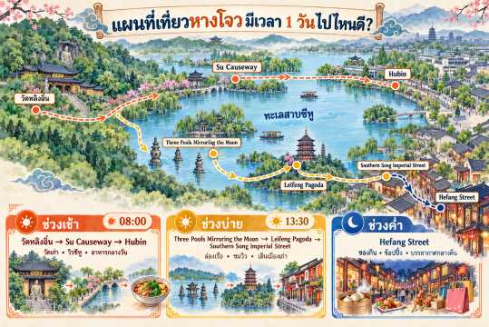 แผนที่เที่ยวหางโจว มีเวลา 1 วันไปไหนดี?