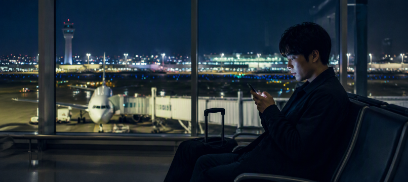 夜空港でスマホ操作