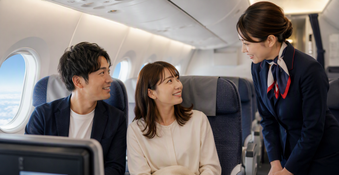 機内でCAと話すカップル