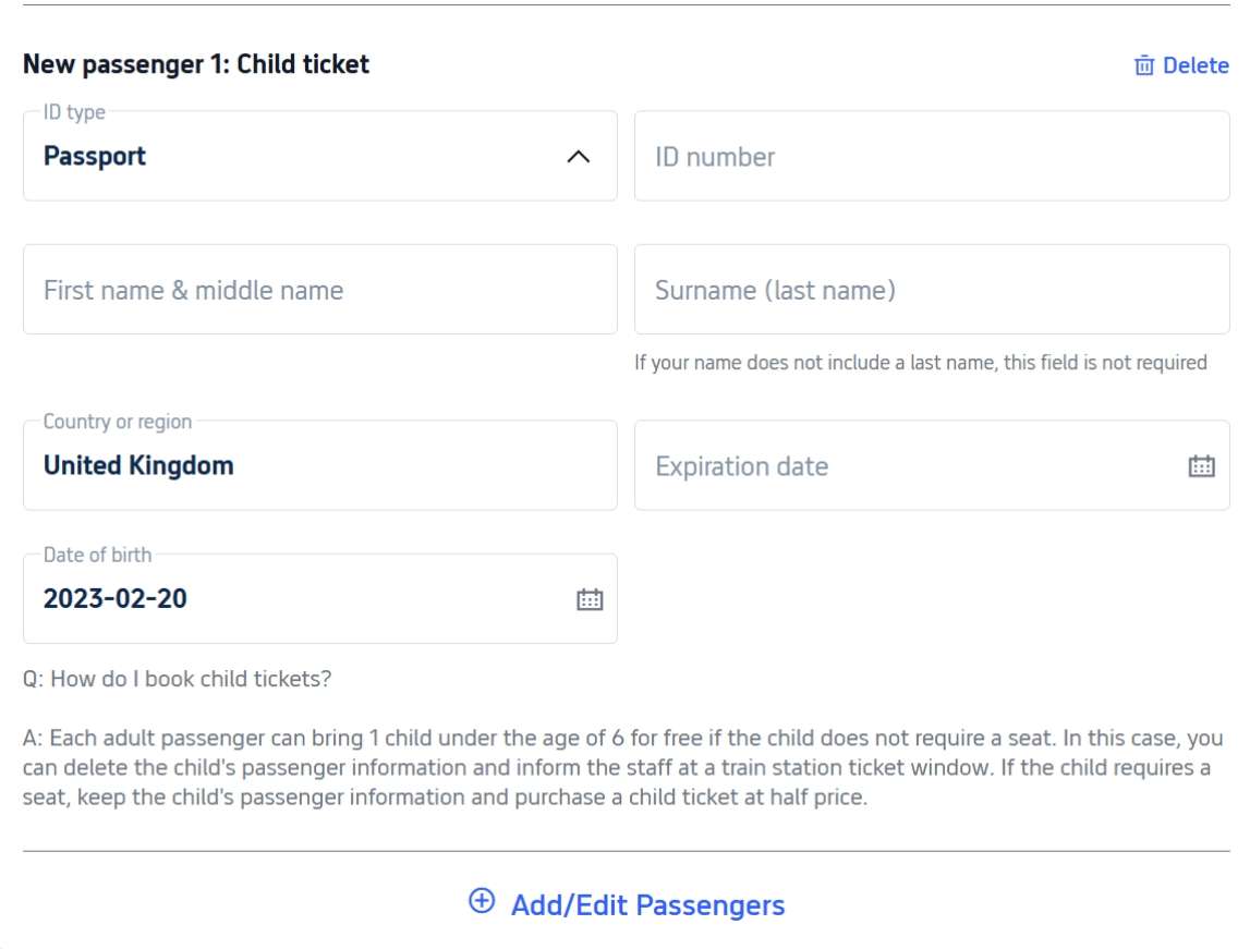 1 child under 6 years old travels free (no seat required)