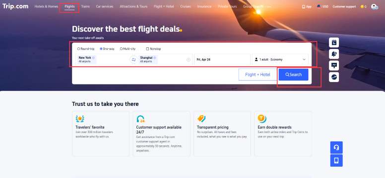 Trip.com flight booking page