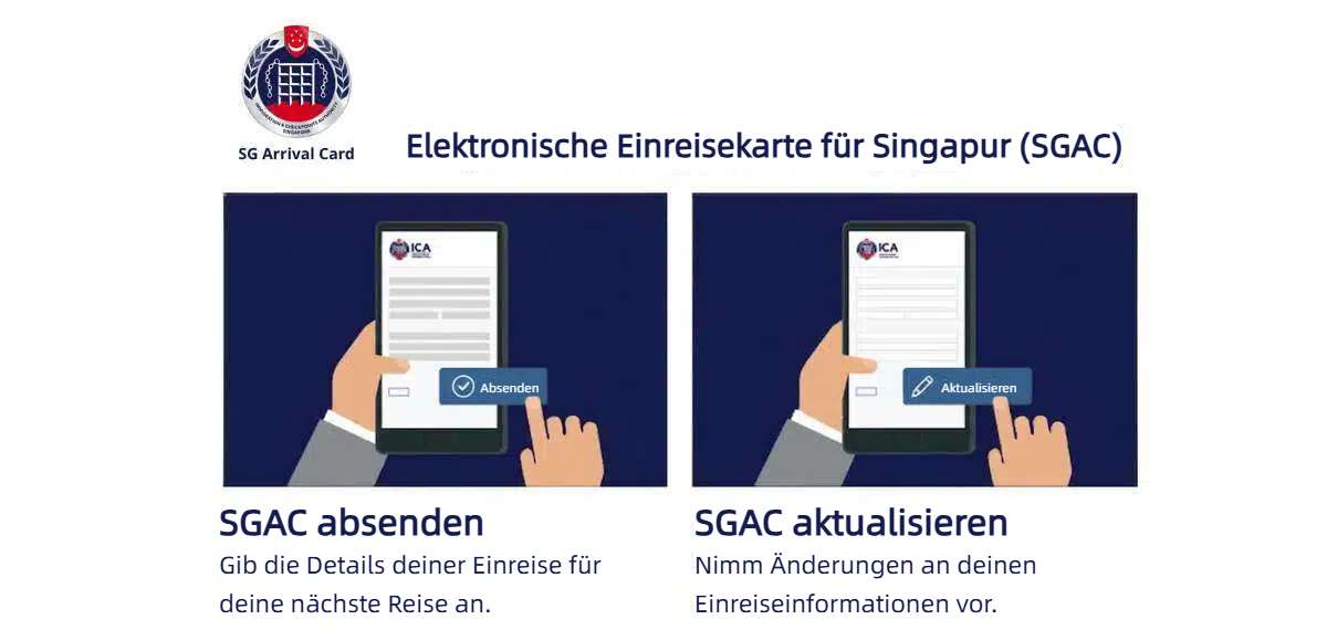 Benutzeroberfläche der Singapore Arrival Card (SGAC) mit Optionen zum Senden und Aktualisieren von Reisedaten