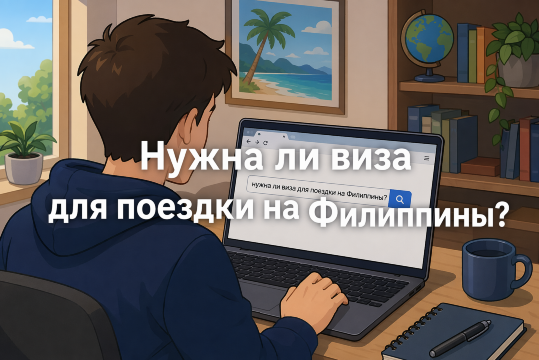 一个人在电脑上搜索“Нужна ли виза для поездки на Филиппины?” 卡通风格
文字覆盖再图片之上 居中