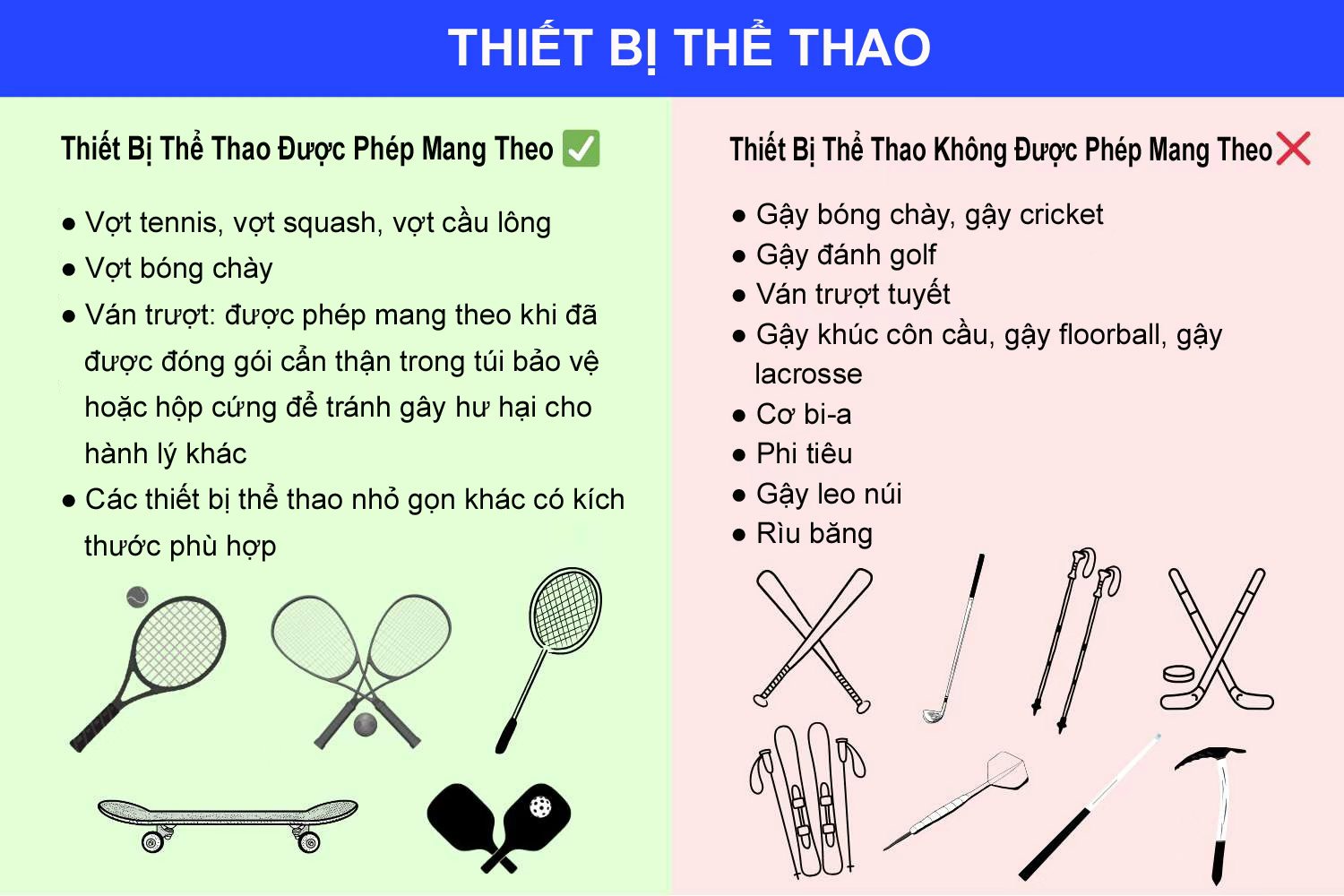 Thiết Bị Thể Thao Được Phép Mang Theo Trong Hành Lý Xách Tay