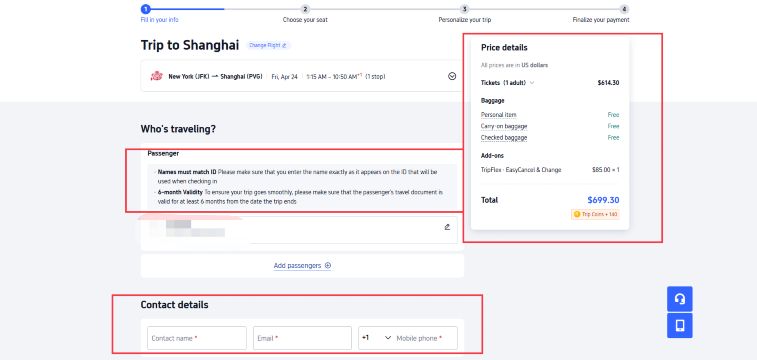 Fill in passenger info about your flights on Trip.com