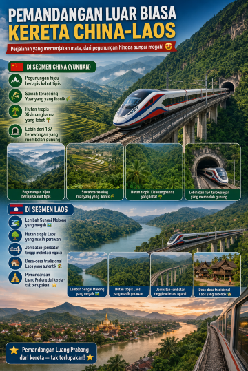 Salah satu daya tarik terbesar naik kereta China-Laos adalah pemandangan yang luar biasa indah sepanjang perjalanan! 😍
🏔️ Di Segmen China (Yunnan):
Pegunungan hijau berlapis kabut tipis
Sawah terasering Yuanyang yang ikonik 🌾
Hutan tropis Xishuangbanna yang lebat 🌴
Lebih dari 167 terowongan yang membelah gunung
🌊 Di Segmen Laos:
Lembah Sungai Mekong yang megah 🏞️
Hutan tropis Laos yang masih perawan
Jembatan-jembatan tinggi melintasi ngarai
Desa-desa tradisional Laos yang autentik 🏡
Pemandangan Luang Prabang dari kereta — tak terlupakan! ⭐