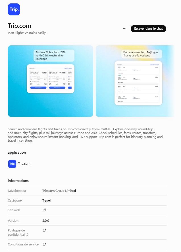 application Trip.com dans ChatGPT