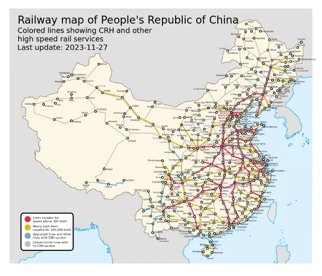 China high speed rail map showing CRH lines by speed across the country