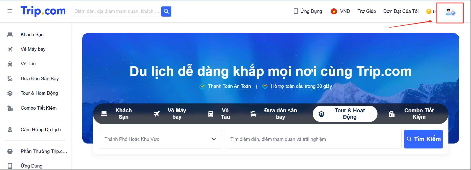 Đăng nhập vào tài khoản Trip.com máy tính