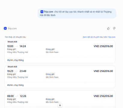 tìm vé tàu với Trip.com trên ChatGPT