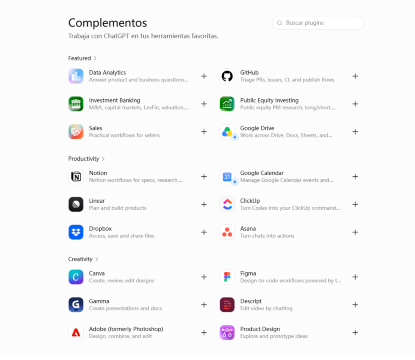 Mostrar el punto de entrada de las apps de ChatGPT o el menú de herramientas.