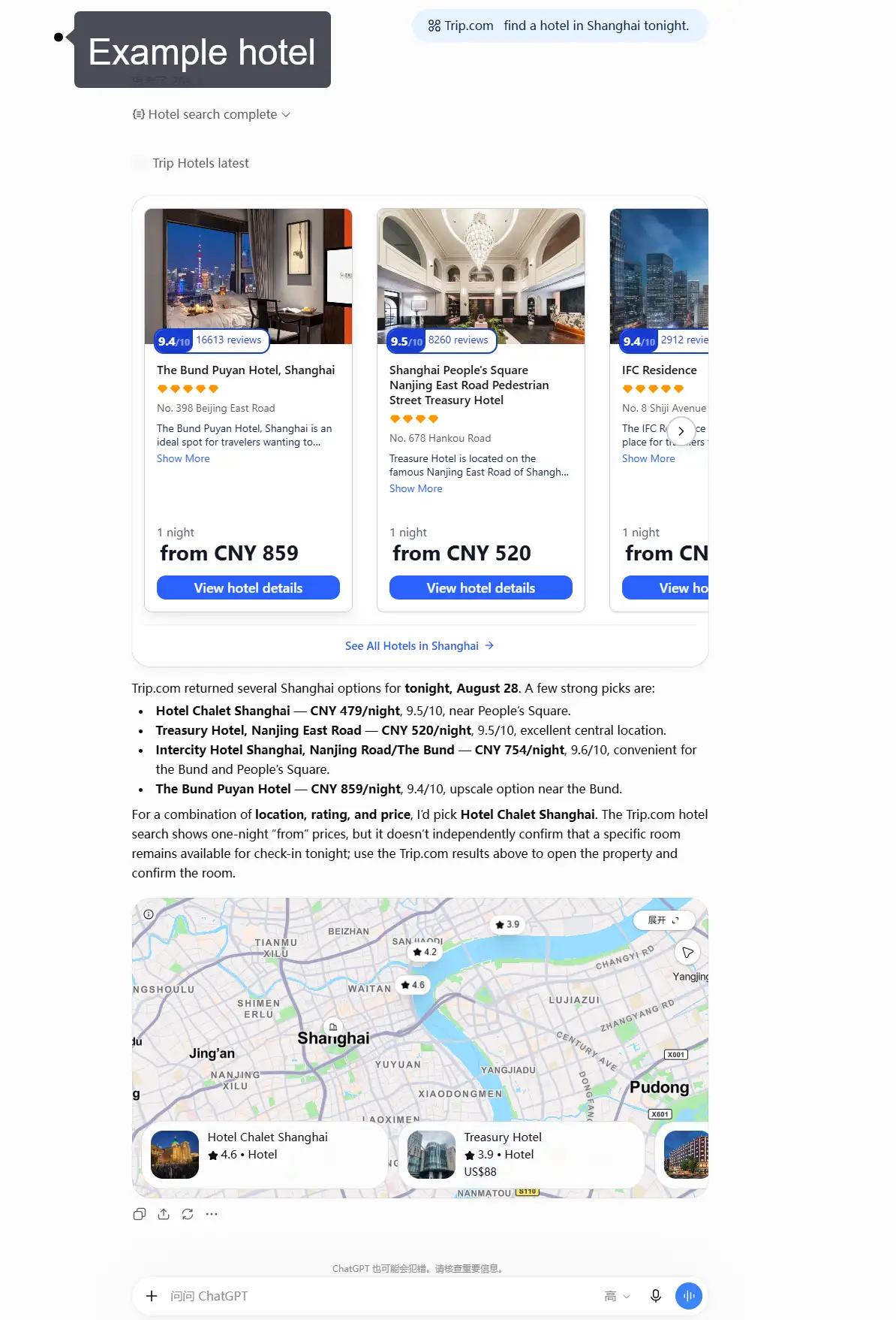 Using the Trip.com plugin in ChatGPT to search hotels