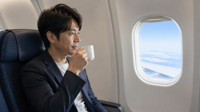 機内でコーヒーを飲む男性