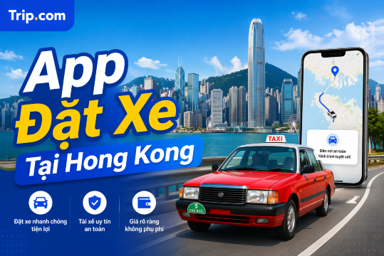 Hãy giúp tôi tạo ảnh bìa cho bài viết này với tiêu đề là "App Đặt Xe Tại Hong Kong". Vui lòng hiển thị tiêu đề bằng phông chữ lớn và đặt logo Trip.com ở góc trên bên phải hoặc bên trái nhé.