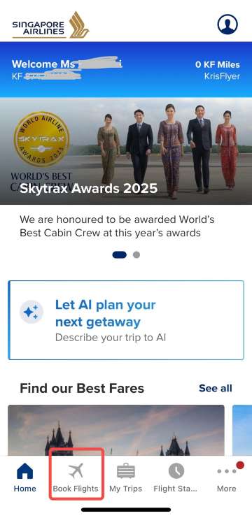 singapore airlines app main page