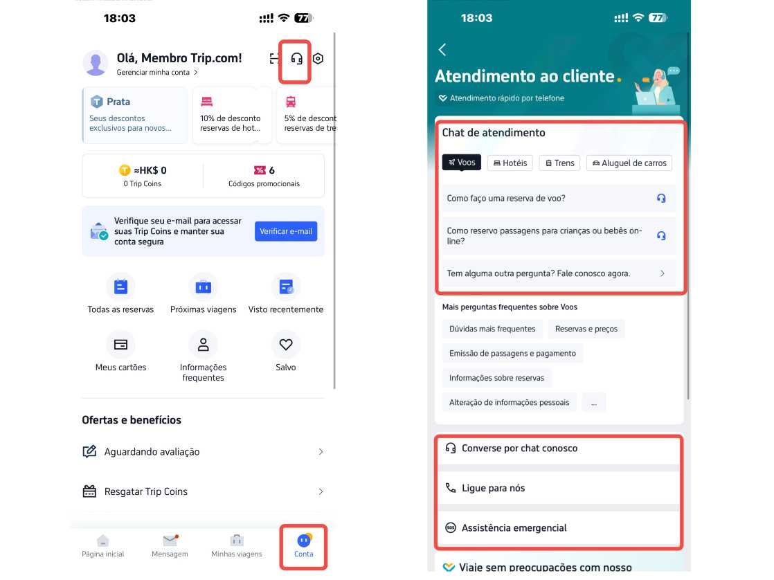 toque na página de atendimento ao cliente Trip.com