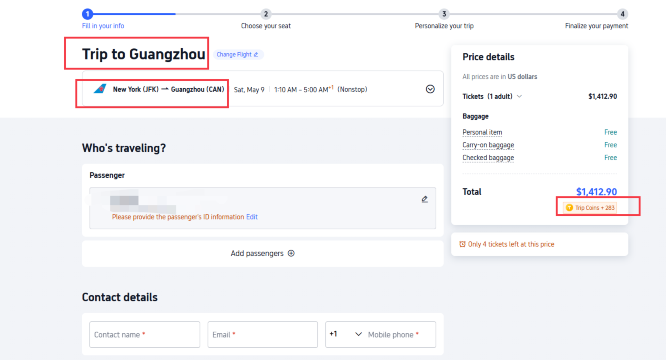 Flights to Guangzhou booking page on Trip.com on China Southern Airlines