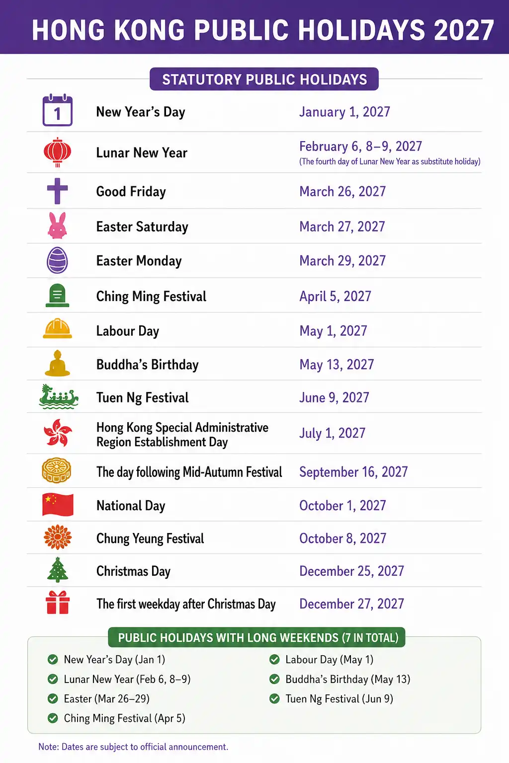 Hong Kong Public Holidays in 2027