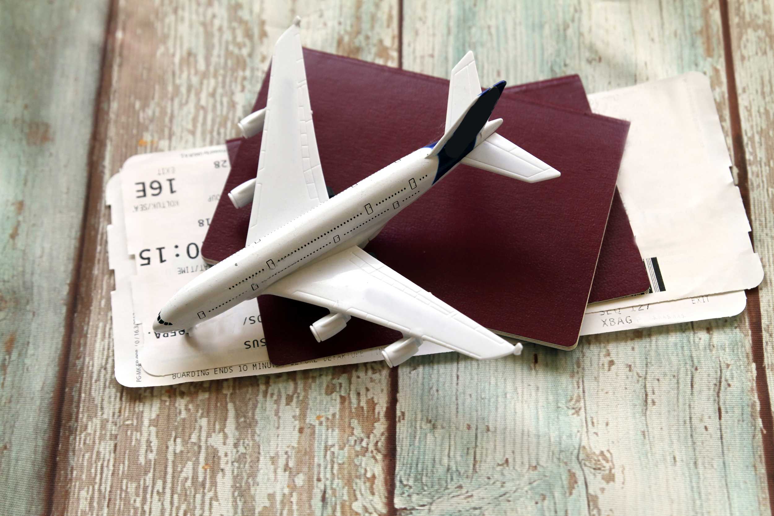 a plane on passports and flight tickets