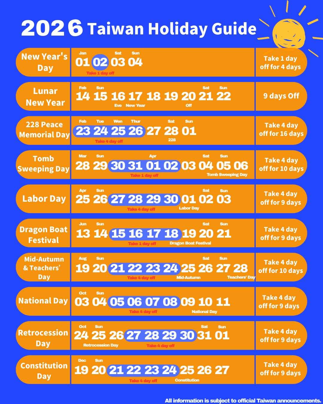 Taiwan public holidays 2026