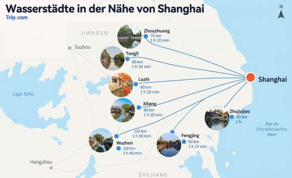 Karte der wichtigsten Wasserstädte in der Nähe von Shanghai