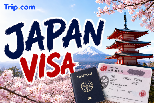 help me create cover image for this article
title is Japan visa
please show the title big word
have logo trip.com at above rights or left