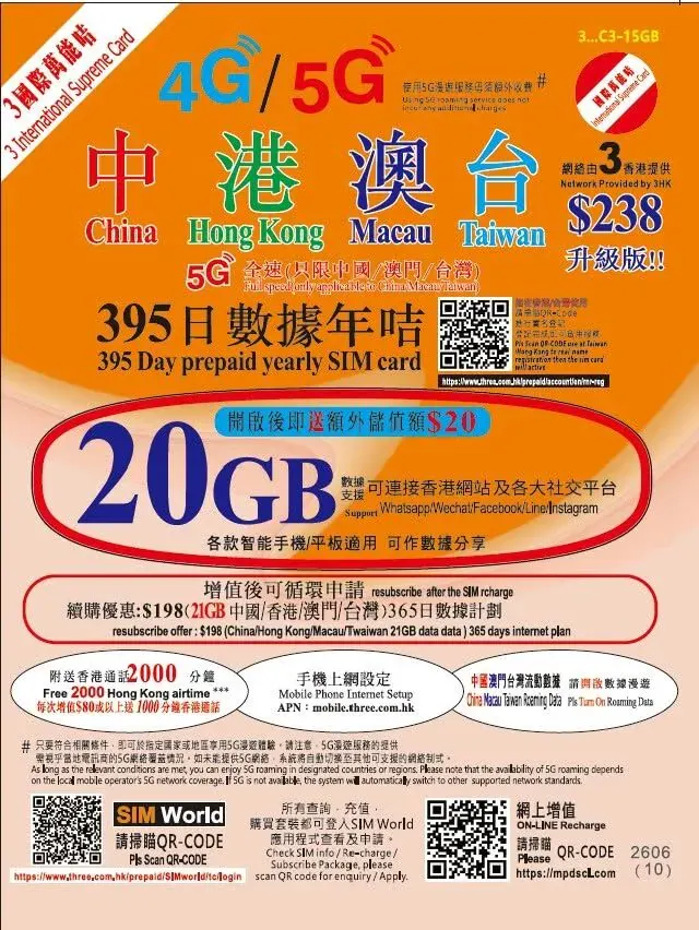 3香港 (3HK) – 國際萬能卡 (4地 395天 20GB 銅/銀卡版)