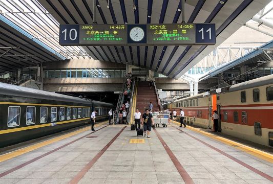 A high-speed train at a platform at Beijing West Railway Station