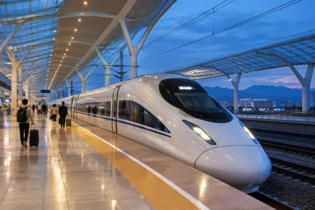 High-speed train waiting at a Chengdu railway station platform at dusk
