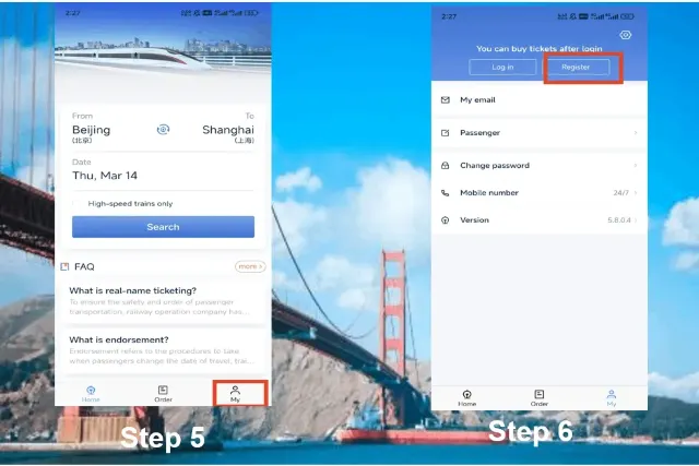 12306 app in English with a Beijing to Shanghai search filled in and the My tab highlighted