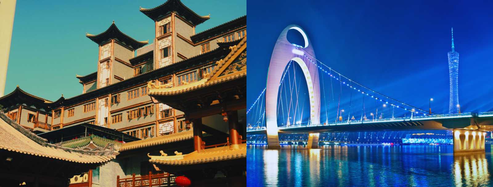 Collage showing a traditional Chinese temple and the Liede Bridge lit up over the river in Guangzhou