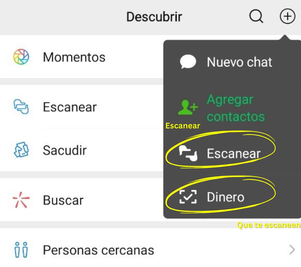 Menú de WeChat con las opciones Escanear y Dinero resaltadas para realizar pagos
