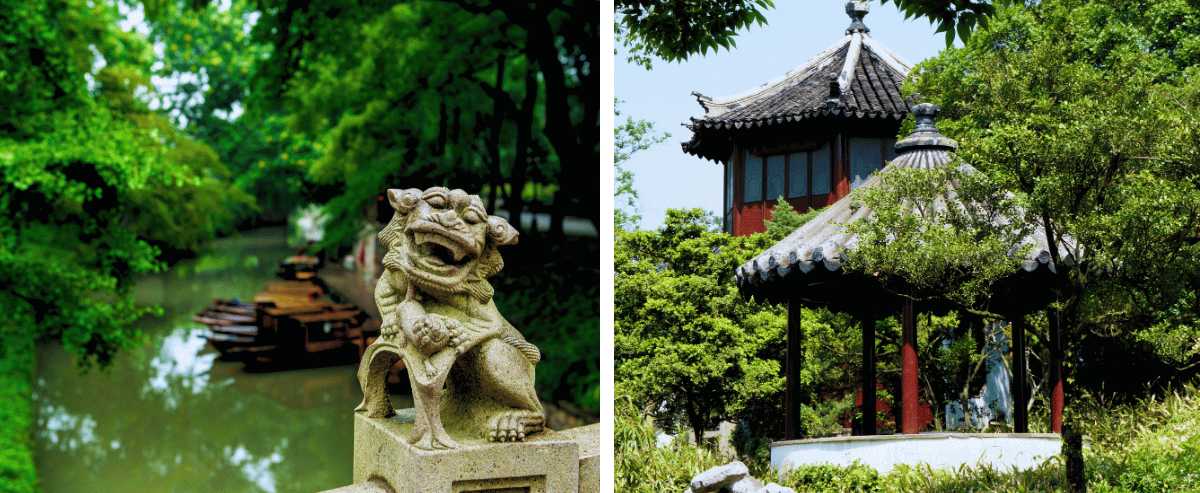 Statue de lion chinois dans un jardin et pavillon traditionnel entouré de verdure