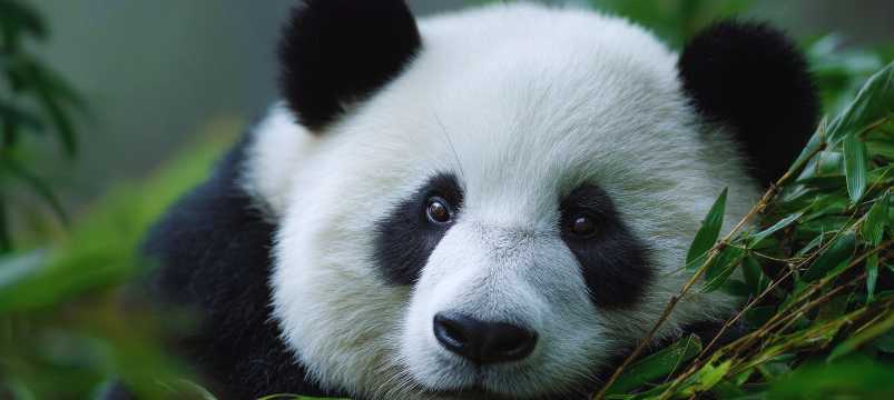 Close-up of a giant panda amongst bamboo leaves in its natural habitat
