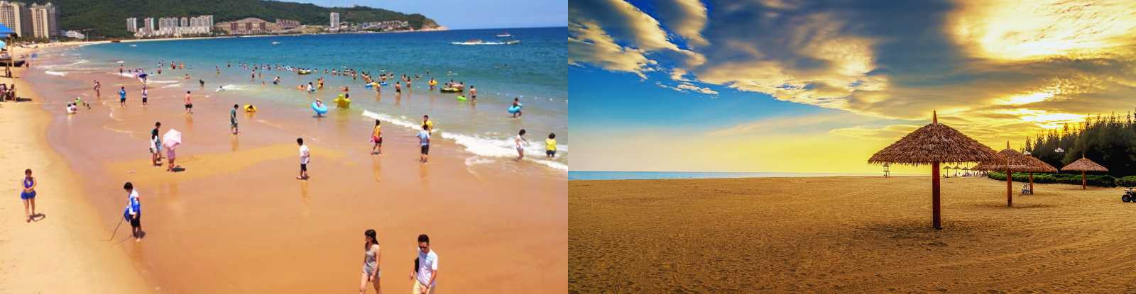 A collage of golden sandy beaches, straw parasols and holidaymakers along the coast