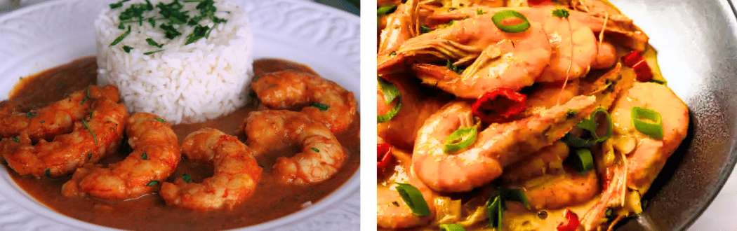 Camarones preparados al estilo macaense con arroz blanco y salsa tradicional