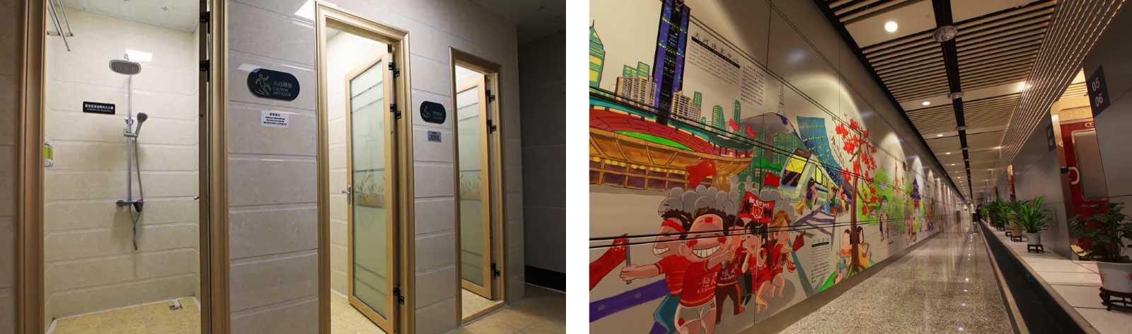 Cabine doccia private in aeroporto con porte in vetro e segnaletica in cinese