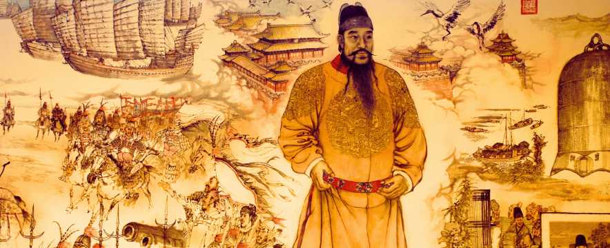 Ilustración histórica del emperador Yongle de la dinastía Ming con escenas de expediciones y arquitectura imperial.