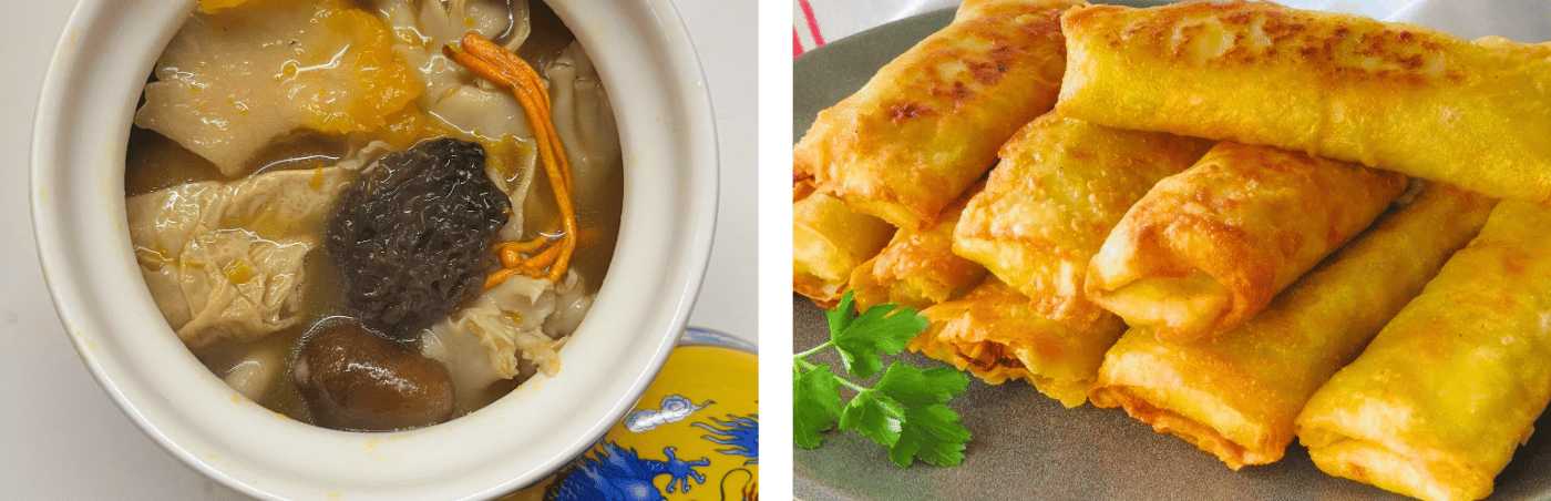 Soupe médicinale chinoise aux herbes et aux champignons accompagnée de nems frits, une alliance entre tradition et street food