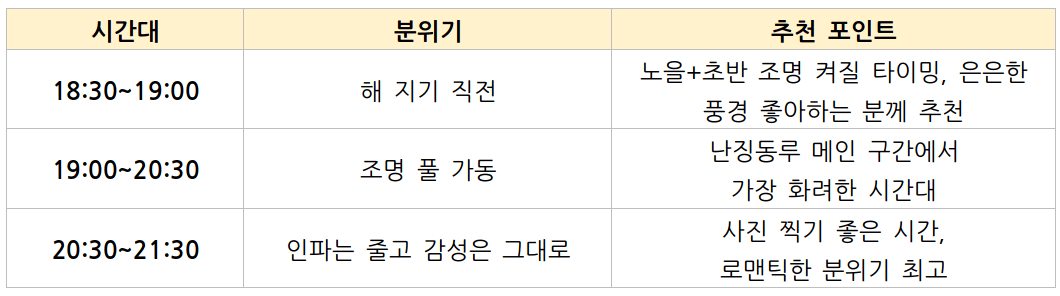 난징동루 야경 감상 시간대